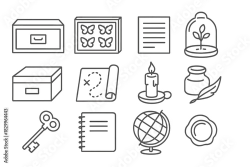 Collector's Cabinet Icons. Line style icons of collector’s cabinet: wooden drawer, specimen case, catalog card, glass dome;