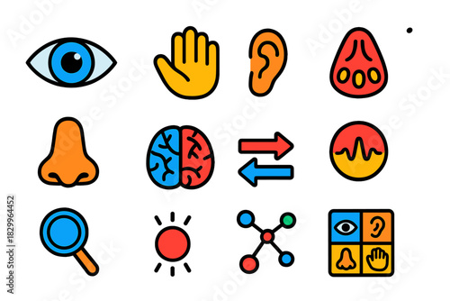 Sensory Integration Icons. Flat vector icons of perception and sensory integration: eye, ear, hand, taste bud, nose, sensory
