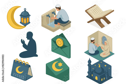 Isometric Islamic Icons. Isometric vector illustration set of Islamic: crescent dome lamp, mosque ablution area, Quran holder.