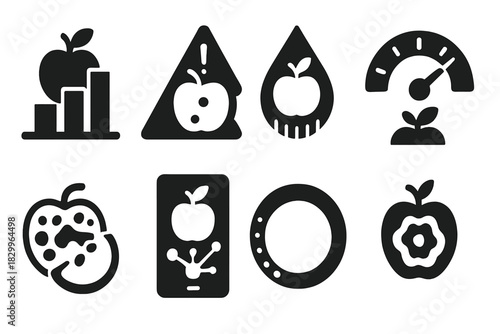 Food Quality Icons. Solid style icons of food quality detection: ripeness detection graph, contamination warning icon, moisture
