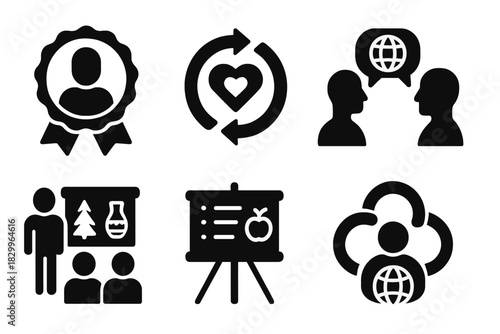 Cultural Awareness Icons. Solid style icons of cultural awareness mentoring: diverse background badge, heritage loop icon,