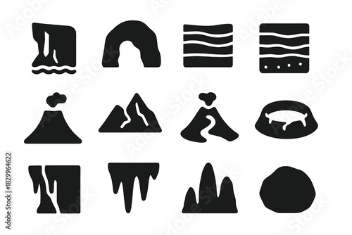 Geological Formation Icons. Solid style icons of geological formations: cliff, cave, rock layers, sediment, volcano cone, mountain