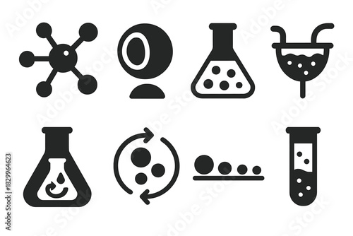 Bubble Tea Chemistry. Solid style icons of bubble tea science: molecular bubble tea diagram, tapioca pearl breakdown, tea infusion