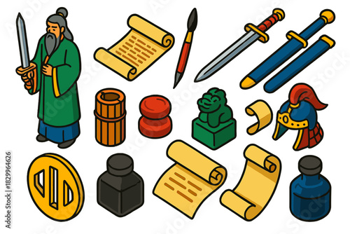 Sword & Scroll Icons. Isometric vector illustration set Sword & Scroll: sage warrior, scroll of ancient text, ink calligraphy