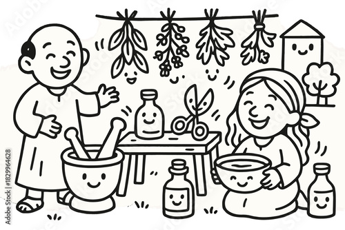 Joyful Ancient Medicine Scene. Joyful doodle ancient medicine scene with cartoon healers smiling, traditional tools with faces,