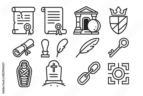 Royal Secrets Icons. Line style icons of Royal Secrets: Broken Seal, Imperial Decree, Tomb, Lost Lineage; Scroll, Wax Stamp, Quill