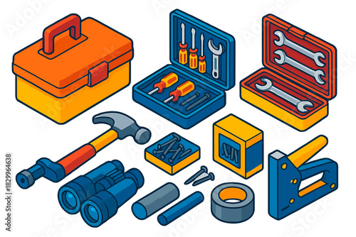 Disaster Preparedness Tools. Isometric vector illustration set Disaster preparedness – tool kit box, screwdriver set, wrench set;