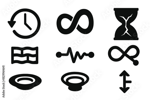 Solid Time Icons. Solid style icons of time and perception: reverse arrow clock, nonlinear loop sculpture, fractured hourglass.