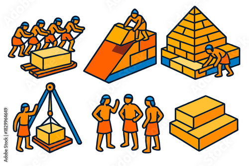 Pyramid Engineering Icons. Isometric vector illustration set Geotechnical engineering of pyramids: stone transport sledges,