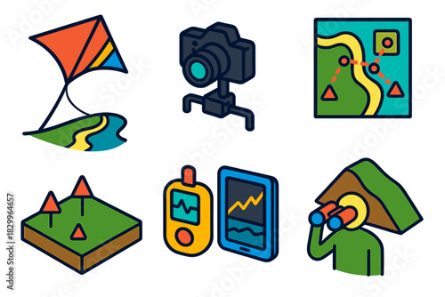 Aerial Survey Icons. Isometric vector illustration set Kite aerial photography: kite surveying coastline, camera mounted for