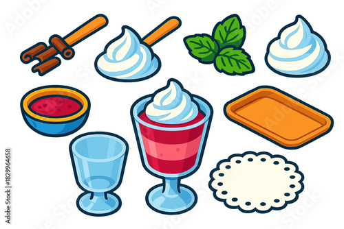Colorful Dessert Icons. Isometric vector illustration set Ice cream and desserts – mousse cup, chocolate shavings, berry puree;