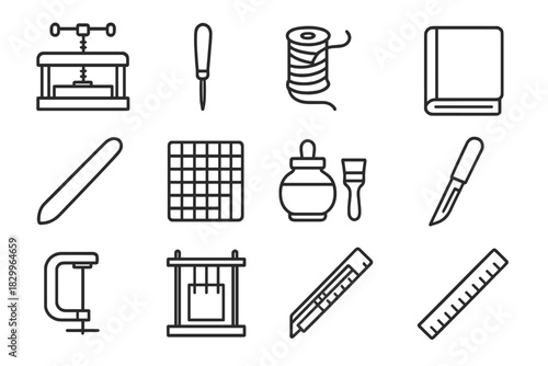 Artisan Bookbinding Tools. Line style icons of artisan bookbinding: book press, awl, thread, leather cover; bone folder, cutting