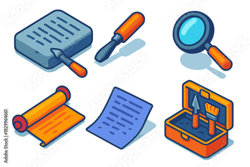 Epigraphy Tools Icons. Isometric vector illustration set Epigraphy: stone tablet, engraved chisel, magnifying glass, inscription