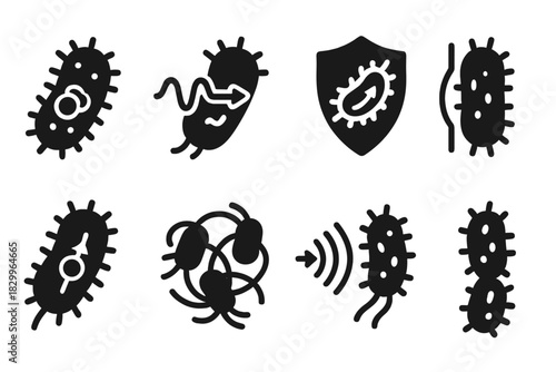 Quantum Bacteria Icons. Solid style icons of quantum behavior in bacteria: bacterial shape with entangled dots, microbe with