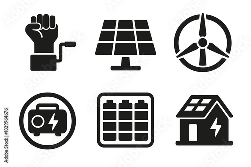 Energy Independence Icons. Solid style icons of energy independence tools: hand crank glyph, solar panel icon, wind turbine badge.
