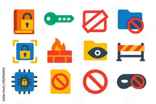 Knowledge Control Icons. Flat vector icons of knowledge control and information concealment: locked book, password key, censorship
