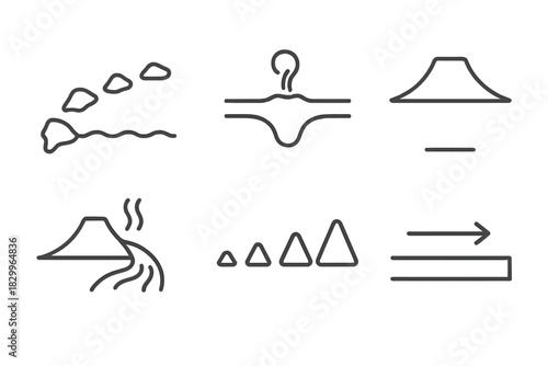 Hawaiian Island Formation Icons. Line style icons of Hawaiian Island Formation: volcanic island chain, seafloor hotspot, shield