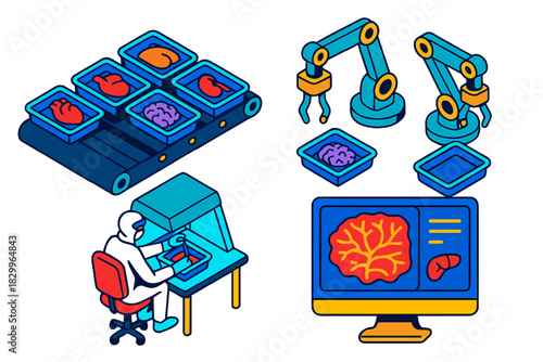 Futuristic Organ Factory. Isometric vector illustration set Future Organ Factory: Conveyor with organ trays, robotic arms with