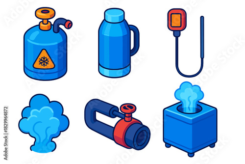 Cryogenic Equipment Icons. Isometric vector illustration set Cryogenic Cooling: liquid nitrogen tank, cooling dewar flask,
