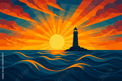 Sunrise Over Lighthouse. Vibrant vector illustration sunrise illuminating a distant lighthouse surrounded by waves, dramatic and