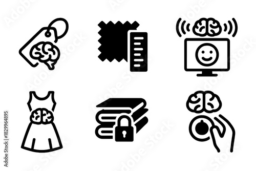 Brain-Computer Fashion Icons. Line style icons of Brain-Computer Fashion: live brainwave input tag, textile reaction scale, signal