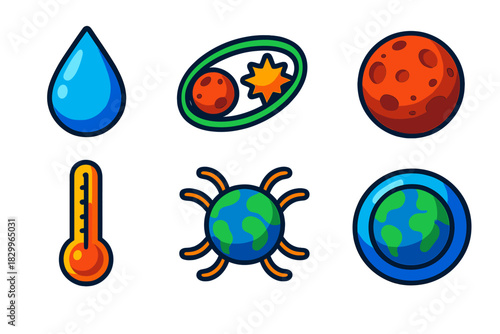 Habitability Indicators Icons. Isometric vector illustration set Habitability Indicators: liquid water droplet, habitable zone
