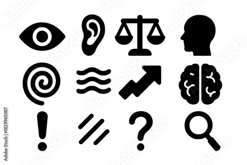 Sensory Perception Icons. Solid style icons of sensory conflict and perception: eye, ear, balance scale, human head, spiral, waves