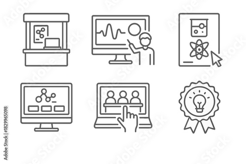 Virtual Science Fair Icons. Line style icons of virtual science fairs and exhibitions: digital science fair booth, student