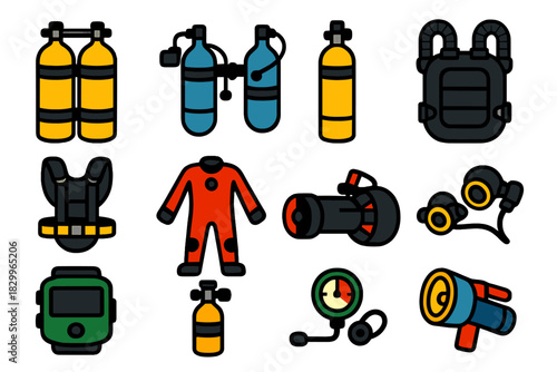 Technical Diving Icons. Flat vector icons of Technical Diving Gear: twin tanks, sidemount tanks, stage bottle, rebreather, harness