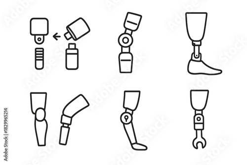 Modular Prosthetic Icons. Line style icons of modular prosthetic systems: detachable parts, universal joint connector, snap-on