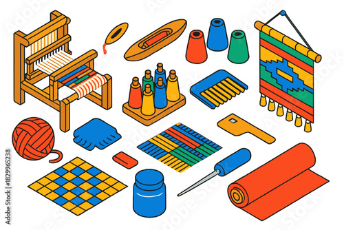 Artisan Weaving Tools. Isometric vector illustration set Artisan Weaving: hand loom, shuttle tool, colored thread cones, wall