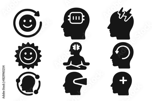 Psychological Rejuvenation Icons. Solid style icons of psychological rejuvenation: happy face + time ring, memory clarity icon,