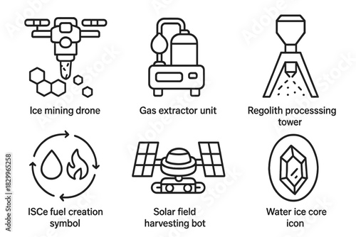 Terraforming Resource Icons. Line style icons of resource extraction for terraforming: ice mining drone, gas extractor unit,