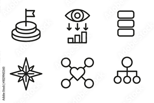 Strategic Alignment Icons. Line style icons of Strategic Alignment: layered objectives icon, vision to metric flow, initiative