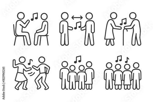 Musical Transmission Icons. Line style icons of Musical Transmission: teacher and student, call and response, generational handoff