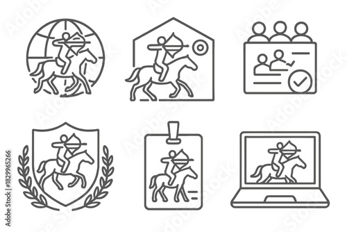 Horseback Archery Icons. Line style icons of global horseback archery associations: international federation logo, training center
