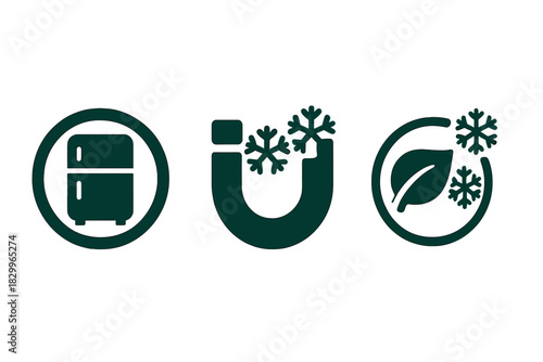 Eco-Friendly Cooling Icons. Solid style icons of public awareness and branding: green fridge badge, magnetic cooling logo,