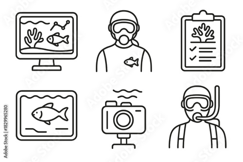 Marine Research Icons. Line style icons of marine research integration: ocean monitoring screen, marine scientist suite, reef