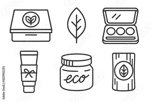 Eco Makeup Icons. Line style icons of biodegradable makeup branding: eco brand logo on box, embossed leaf symbol, nature-palette