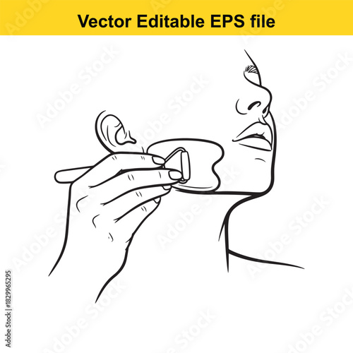 Line art vector of a person applying a cosmetic product or facial treatment to the cheek area using a small applicator tool, isolated on white background