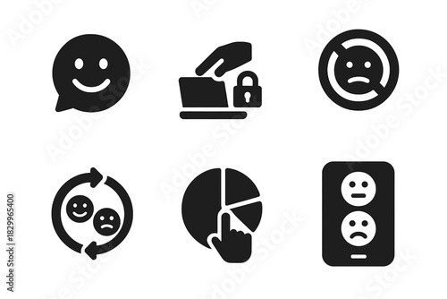 Private Feedback Icons. Solid style icons of private lecture feedback: emoji response glyph, discreet input icon, silent badge.