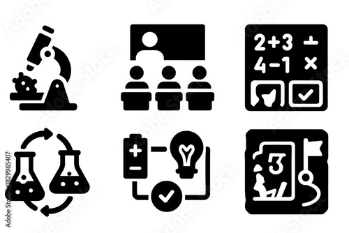Educational Simulation Icons. Solid style icons of educational simulations: biology lab sim icon, virtual class badge, math