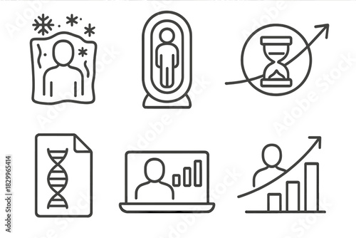 Cryonics Line Art. Line style icons of cryonics and life extension: frozen human silhouette, cryo-pod icon, time capsule badge,