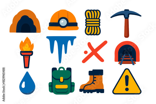 Underground Exploration Icons. Flat vector icons of Underground Exploration: cave entrance, helmet, rope, pickaxe, torch,