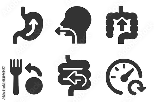 Reverse Digestion Icons. Solid style icons of anti-digestion visuals: reversed stomach diagram, un-swallow motion, backward