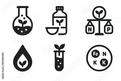 Hydroponics Lab Icons. Line style icons of Hydroponics: hydroponic lab flask, nutrient solution mix icon, balanced formula scale,