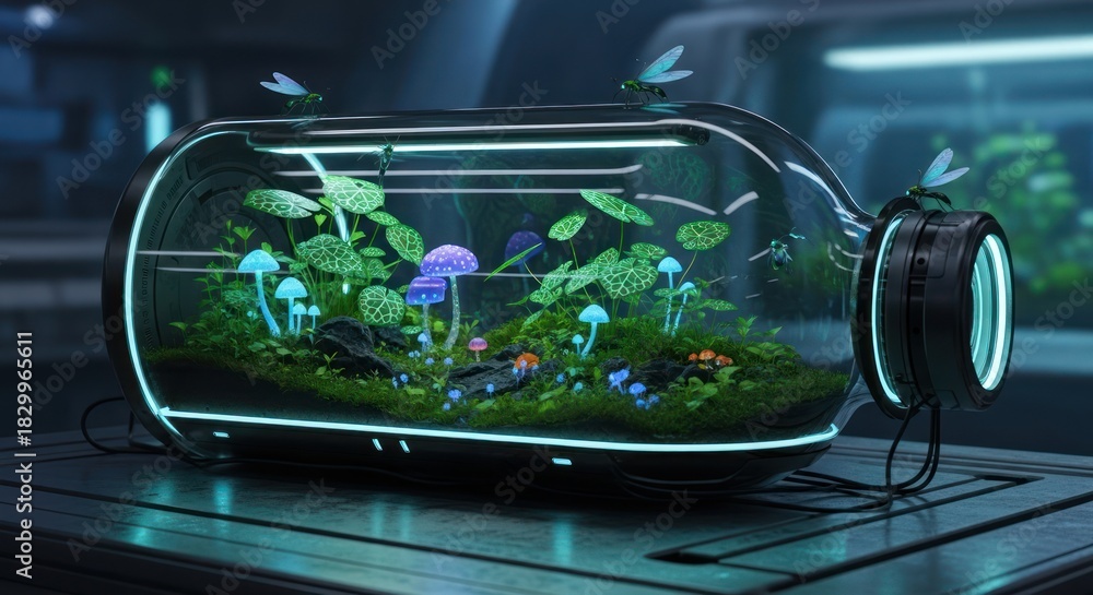 Obraz premium Futuristic Terrarium with Glowing Plants and Mushrooms in a Modern Glass Bottle.