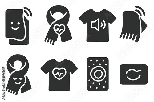 Emotional Tone Textiles. Solid style icons of emotional tone textiles: mood-sensing fabric, emotional beat scarf, voice tone
