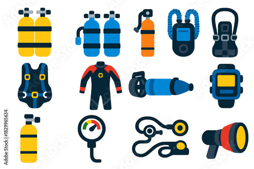 Technical Diving Icons. Flat vector icons of Technical Diving Gear: twin tanks, sidemount tanks, stage bottle, rebreather, harness