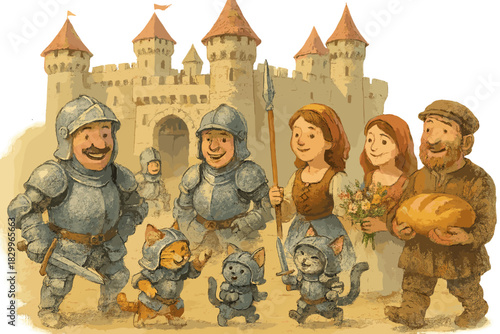 Knights and Playful Cats. Medieval castle courtyard with smiling knights, playful cats in armor, and villagers carrying bread and